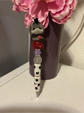 Cute Grey Character Beaded Kids Pen - Pink, Red & White